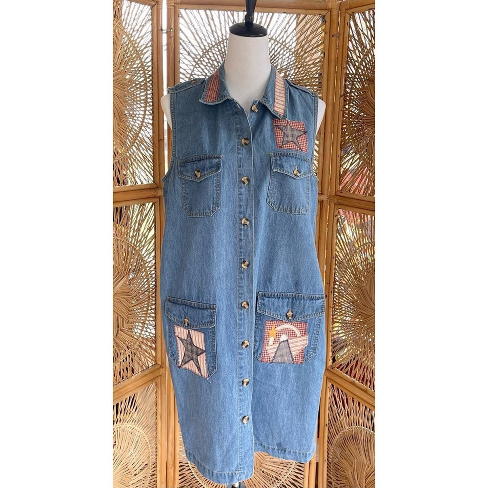 True Blue 90s Vintage Sleeveless Denim Jumper Dress Patchwork Country Stars - Picture 2 of 6